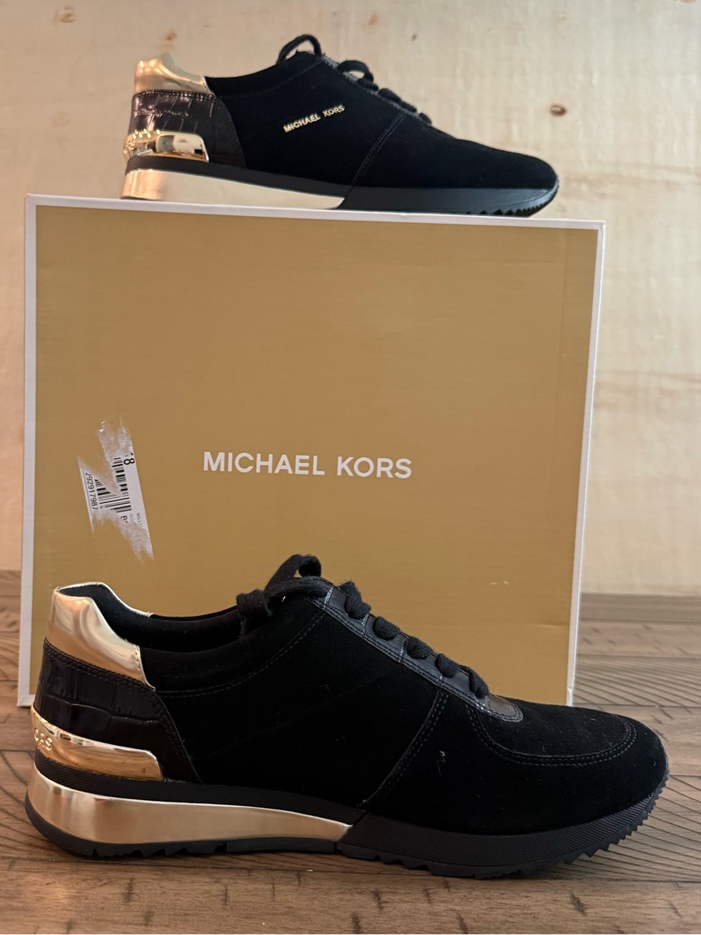NWT Michael Kors Allie Suede Sneakers Black Gold Lace Up Shoes Sz 9.5